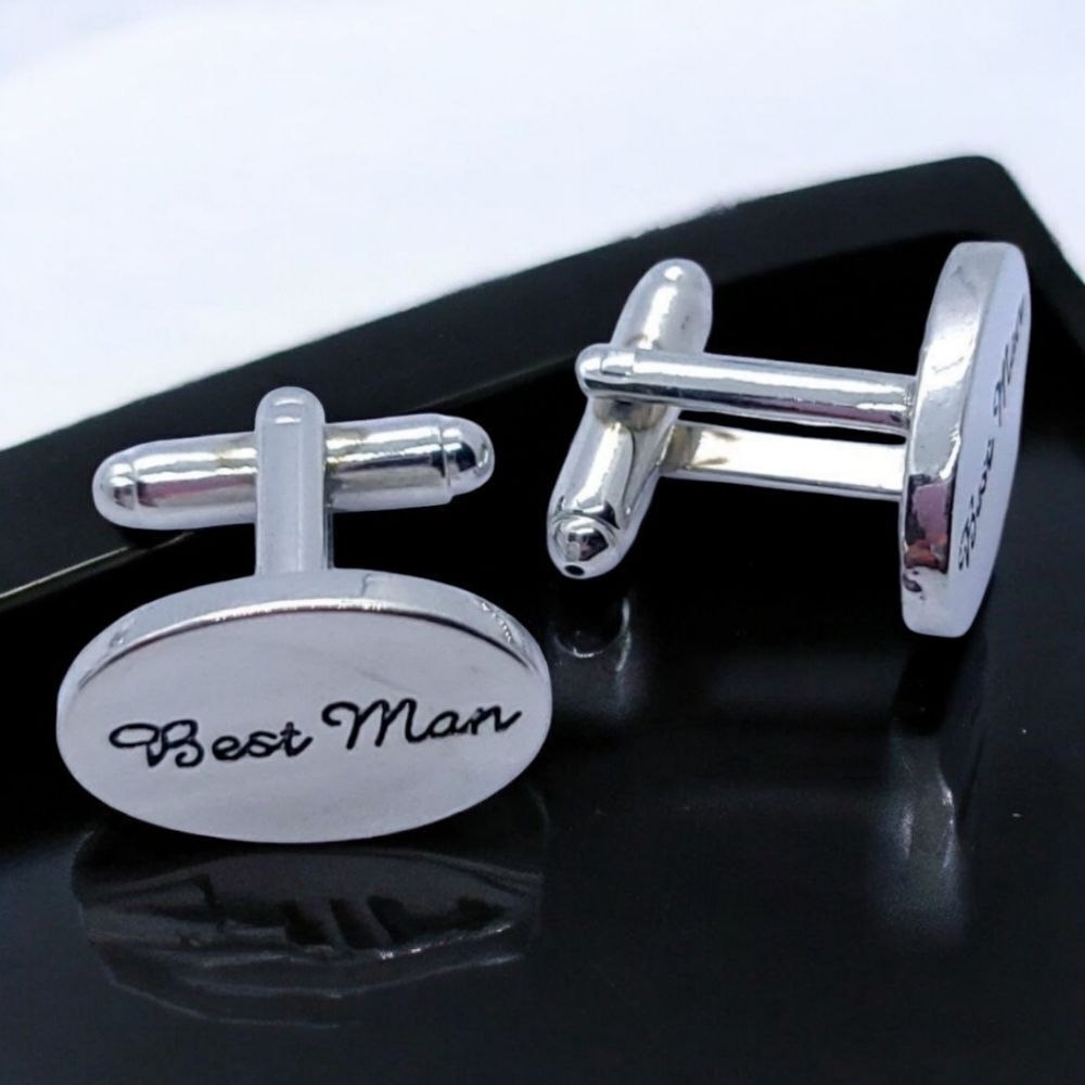 BEST MAN Wedding Cufflinks Silver Engraved Bridal Party Formal Tuxedo Cuff Links